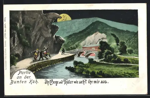 Wirtshaus-AK Altenahr, Partie an der Bunten Kuh, Schwankende Landschaft, Mond mit Gesicht