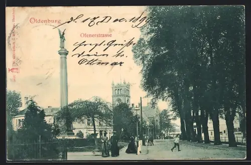AK Oldenburg / Gr., Ofenerstrasse, Säule mit Statue, Kirche
