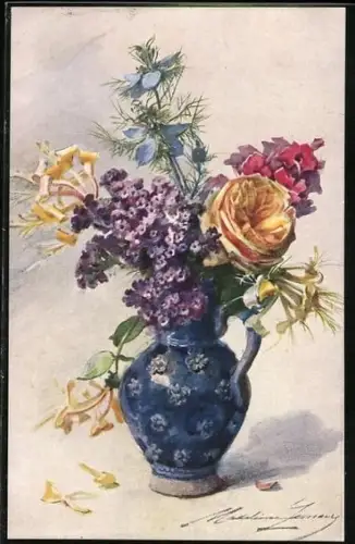 Künstler-AK sign. M. Lemaire: Heliotrope, Rosen & Nigelle in einer baluen Vase