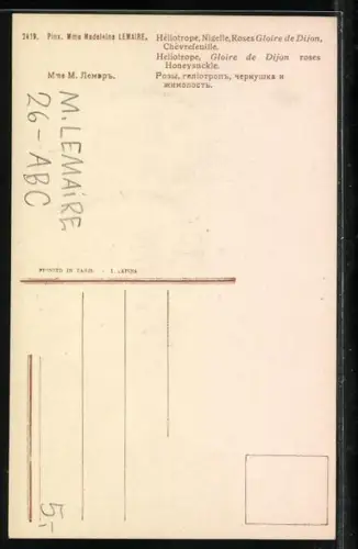 Künstler-AK sign. M. Lemaire: Heliotrope, Rosen & Nigelle in einer baluen Vase