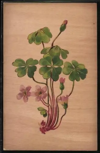 Holzbrand-Imitations-AK Vierblättriges Kleeblatt mit Blüten
