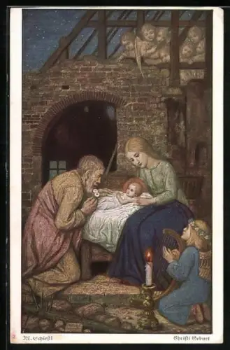 Künstler-AK Matthäus Schiestl: Christi Geburt, Engel musizieren beim Stall mit der Krippe