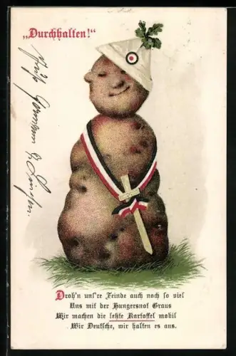 AK Durchhalten, Kriegsnot, Kartoffel-Männchen mit Uniform