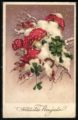 AK Viel Glück im neuen Jahre! Fliegenpilze mit Klee
