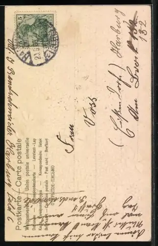 AK Standuhr aus Blüten gefertigt mit vierblättrigem Kleeblatt als Uhrenpendel