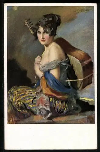 Künstler-AK Leopold Schmutzler: Zigeunerblut, Mädchen mit Gitarre