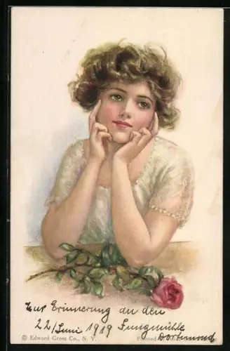 Künstler-AK Alice Luella Fidler: Junge Frau mit nachdenklichem Blick und Rose