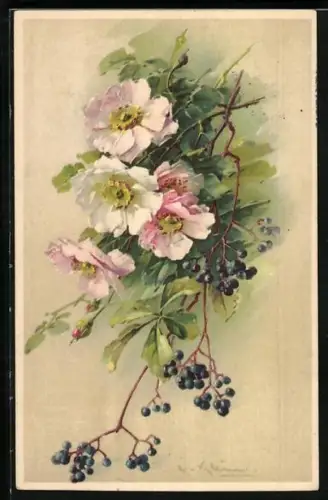 Künstler-AK Catharina Klein: hübscher Strauss aus Wildrosen und Beerenzweigen