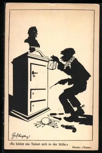 Künstler-AK Fritz Schönpflug: Es bildet ein Talent sich in der Stille - Einbrecher bei der Arbeit, Scherenschnitt