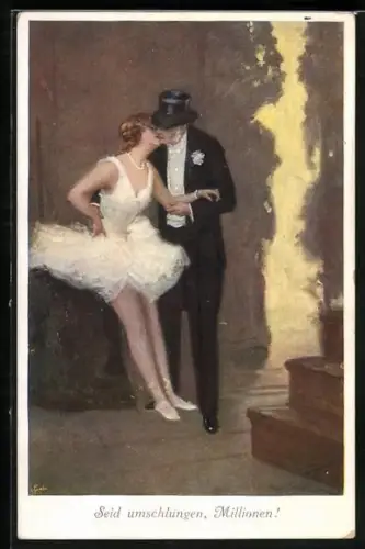 Künstler-AK Robert Schiff: Seid umschlungen, Millionen! Herr mit Zylinder küsst Tänzerin