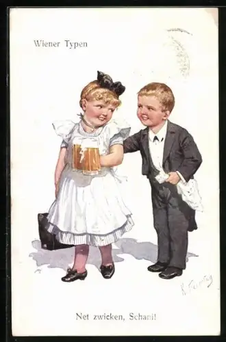 Künstler-AK Karl Feiertag: Wien, Net zwicken, Schani!, Kinder