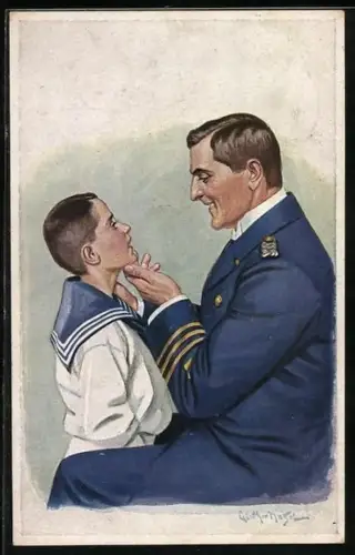 Künstler-AK Günther Nagel: Ganz der Papa (), Mann in Uniform schaut sich Knaben an