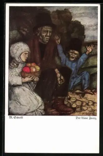 Künstler-AK Matthäus Schiestl: Der blaue Zwerg, alter Mann und Mädchen mit Obstkorb