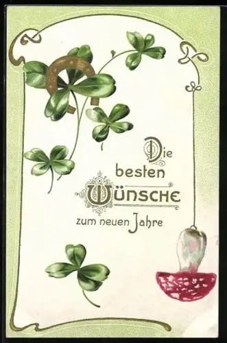 AK Kleeblätter mit Hufeisen und Fliegenpilz, Neujahrsgruss