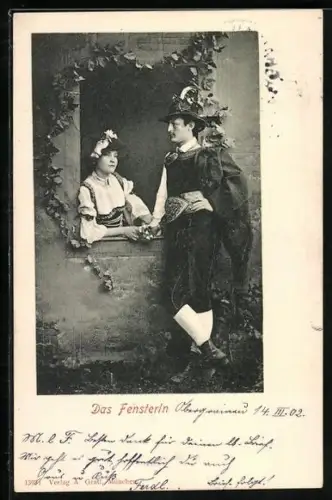 AK Das Fensterln, Herr steht bei einer Dame am Fenster