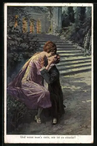 Künstler-AK Adolf (Jodolfi): Und wenn man`s sieht mir ist es einerlei!, Pärchen küsst sich