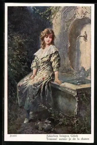 Künstler-AK Adolf (Jodolfi): Scherben bringen Glück, Fräulein sitzt am Brunnen