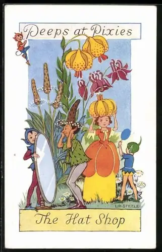 Künstler-AK sign. L. R. Steele: Peeps at Pixies, The Hat Shop, Elfen vor dem Spiegel