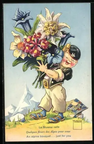 Künstler-AK Paul Minouvis: Junge mit Blumenstrauss - An alpine bouquet...just for you