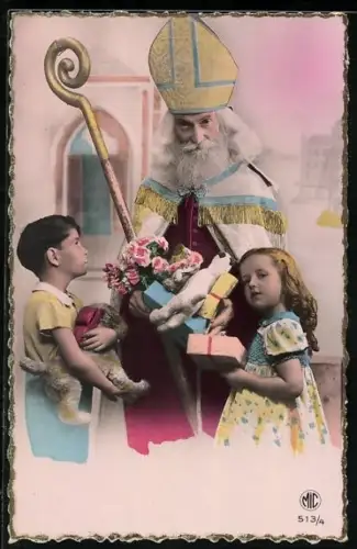 AK Nikolaus mit Geschenken und Kindern
