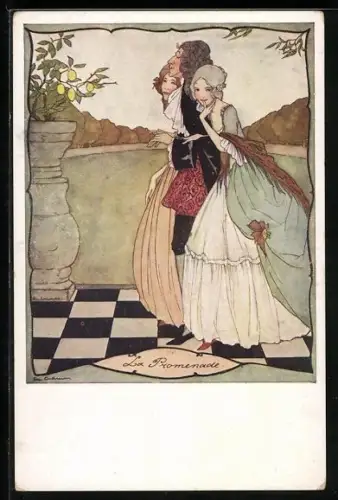 Künstler-AK Rie Cramer: Mann und zwei Frauen beim Spaziergang im Rokokokostüm