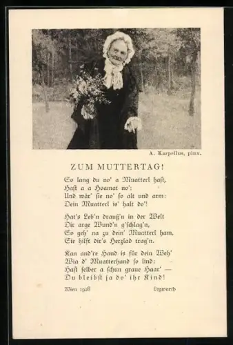 Künstler-AK A. Karpellus: Zum Muttertag, Gedicht, Frau mit Blumen