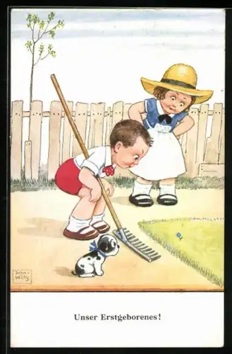 Künstler-AK John Wills: Unser Erstgeborenes!, kleine Gärtner bewundern ein Blümchen