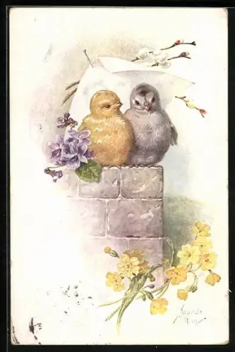 Künstler-AK Kränzle: Herzliche Ostergrüsse, Kükenpaar unter einem Zettel sitzend