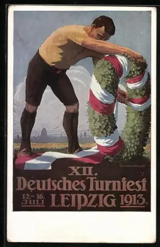 AK Leipzig, XII. Deutsches Turnfest 1913, Turner mit einem Siegerkranz