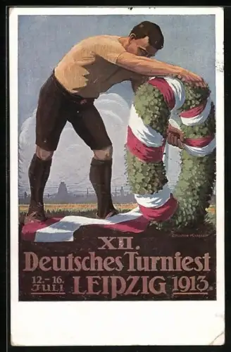 AK Leipzig, XII. Deutsches Turnfest 1913, Turner mit einem Siegerkranz