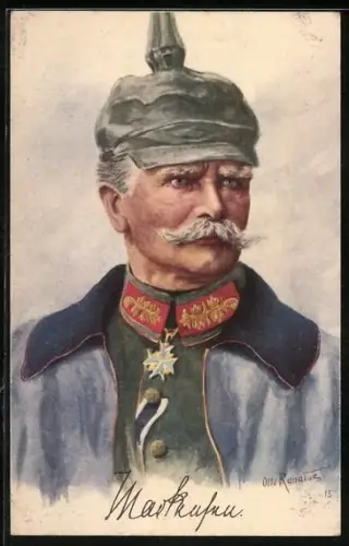 Künstler-AK General von Mackensen in Uniform mit Pour le Merite und Pickelhaube, Heerführer