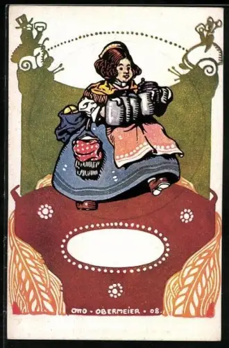 Künstler-AK Otto Obermeier: Prosit Neujahr!, Wirtin mit Bierkrügen
