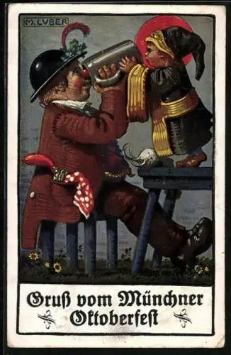 Künstler-AK Max Luber: München, Münchner Kindl und Betrunkener mit einem Bierkrug