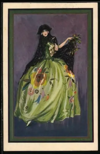 AK Fräulein im grünen Kleid mit Schultertuch, Art Deco