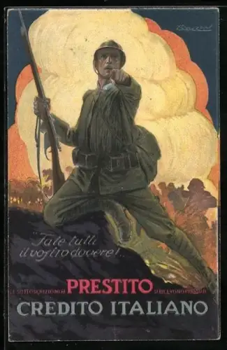 Künstler-AK Mauzan: Prestito Credito italiano, Soldat auf Schlachtfeld, Kriegsanleihe