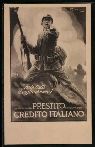 Künstler-AK Mauzan: Italienischer Soldat mit Gewehr, Prestito credito Italiano 5%