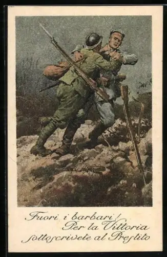 AK Sottoscrivete al Prestito, italienischer Soldat geht Deutschem an den Kragen