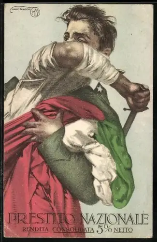 Künstler-AK Prestito Nazionale, Kriegsanleihe, ital. Soldat schwingt sein Schwert