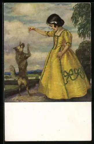 Künstler-AK Corneille Max: Ein Leckerbissen, Mädchen hält ein Leckerli über einen Männchen machenden Hund