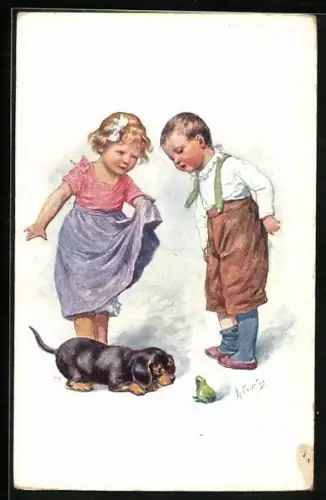 Künstler-AK Karl Feiertag: Kinder beobachten einen Dackel und einen Frosch