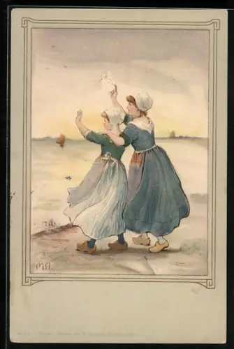 Künstler-AK niederländische Mädchen in Tracht winken jemanden zu