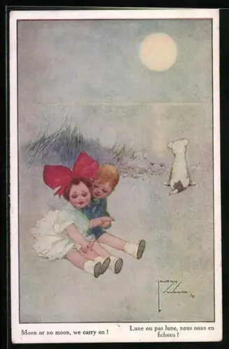 Künstler-AK Lawson Wood: Kleines Liebespaar nachts am Strand