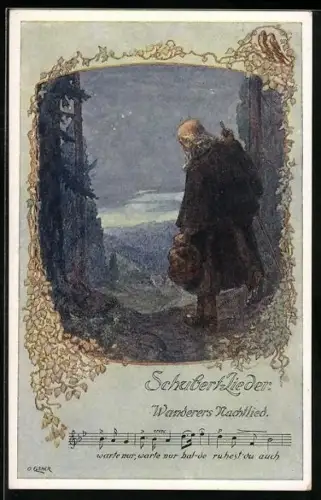 Künstler-AK sign. O. Elsner: Schubert-Lieder: Wanderers Nachtlied, Wanderer vor dem Ort