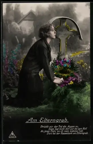 AK Junge Frau kniet am Elterngrab