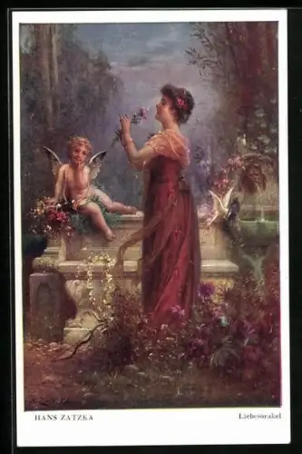 Künstler-AK Hans Zatzka: Liebesorakel, Amor betrachtet eine Frau