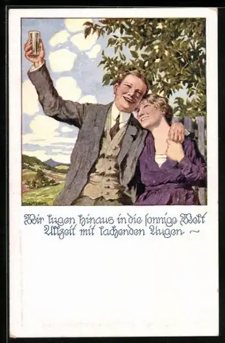 Künstler-AK Ernst Kutzer: Deutscher Schulverein NR 1324, lachendes Paar an einem Baum