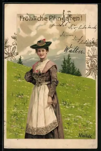 Künstler-AK Alfred Mailick: Fräulein in Tracht auf Blumenwiese, Pfingstgruss