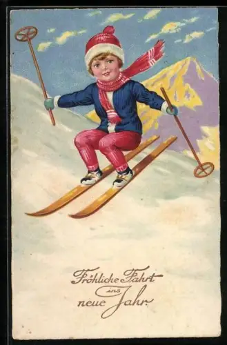 AK Kleiner Junge mit Skistöcken auf Skiern, Neujahrsgruss