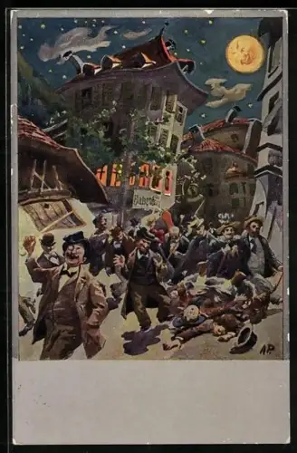 Künstler-AK Bolzano, Cà de Bezzi, Gasthaus Batzenhäusl aus der Sicht eines Betrunkenen