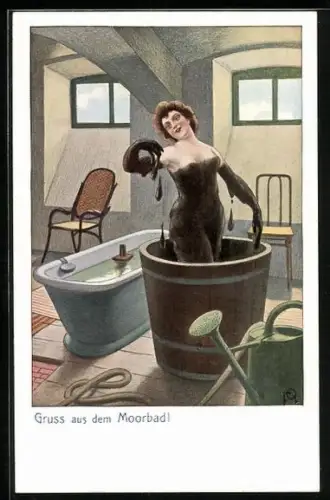 AK Junge Frau bei einem Moorbad
